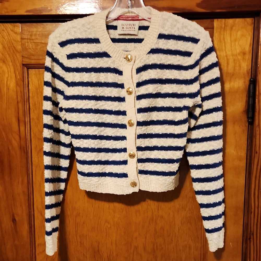 Scotch & Soda Women's Textured Breton Stripe Navy and Cream Cardigan XS